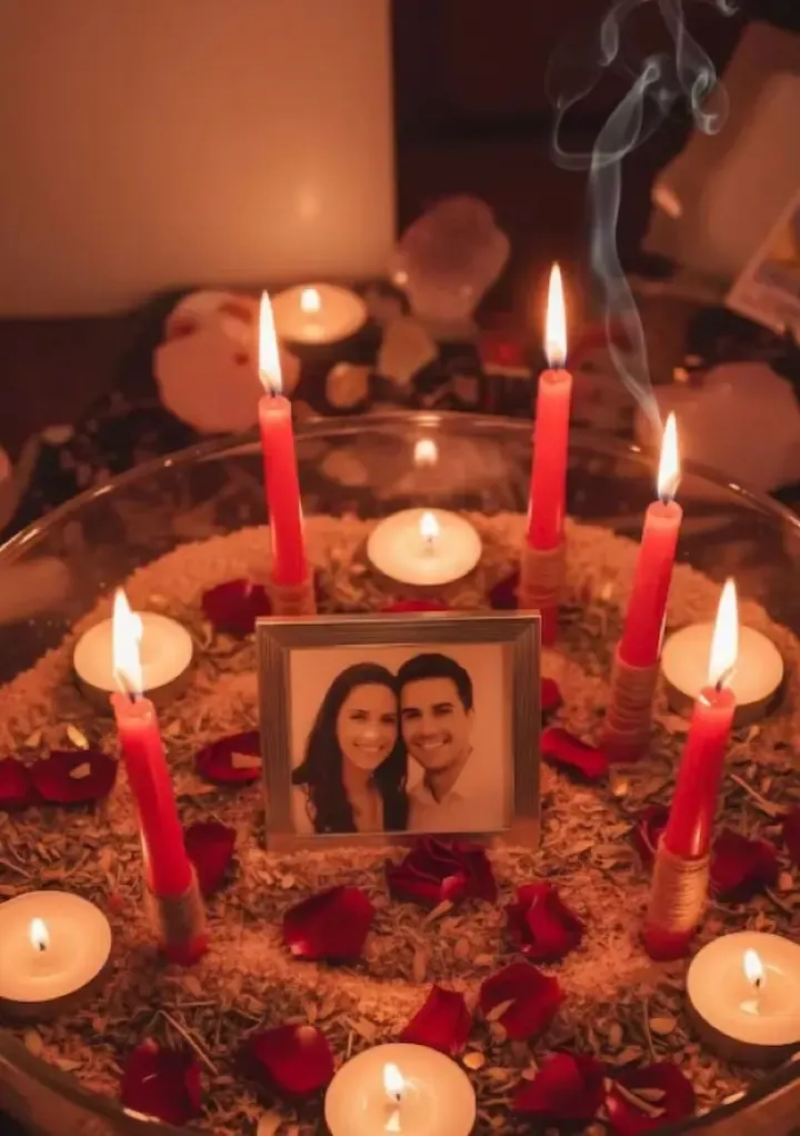 Círculo de velas blancas y rojas alrededor de una fotografía, parte del ritual