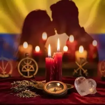 Silueta de una pareja abrazándose frente a un altar con velas encendidas