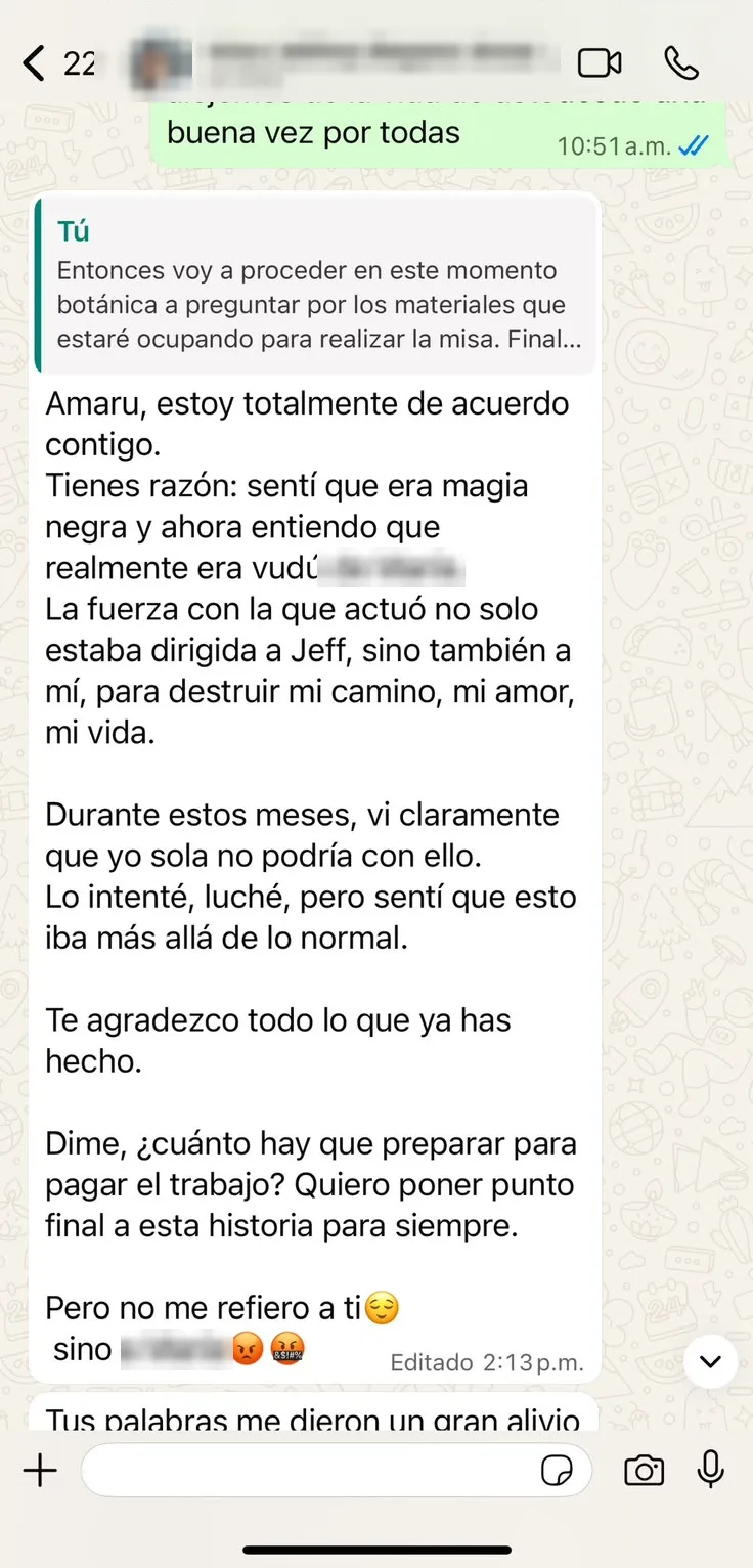 Captura real de la misma conversación de WhatsApp, continuación, nombre y foto de perfil difuminados por privacidad