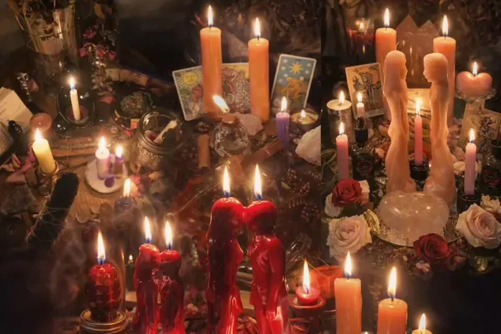 Altar con velas, tarot y rosas preparado para un ritual de amarre de amor