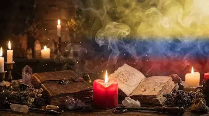 Libro ritual abierto junto a velas, símbolo de buscar respuestas